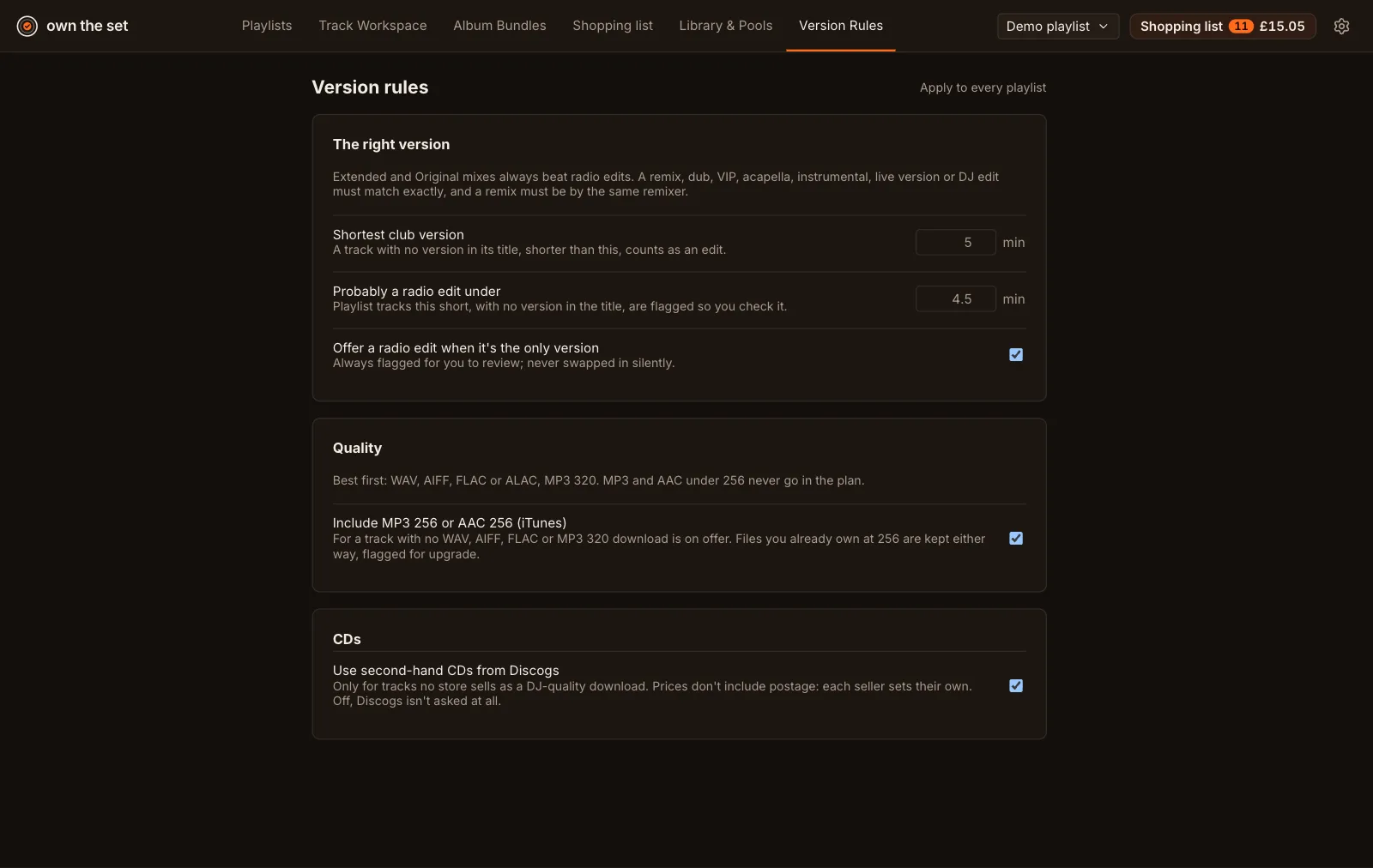 Version Rules: the shortest club version set to 5 minutes, the radio-edit length set to 4.5 minutes, and switches for radio edits, 256 kbps files and second-hand CDs.