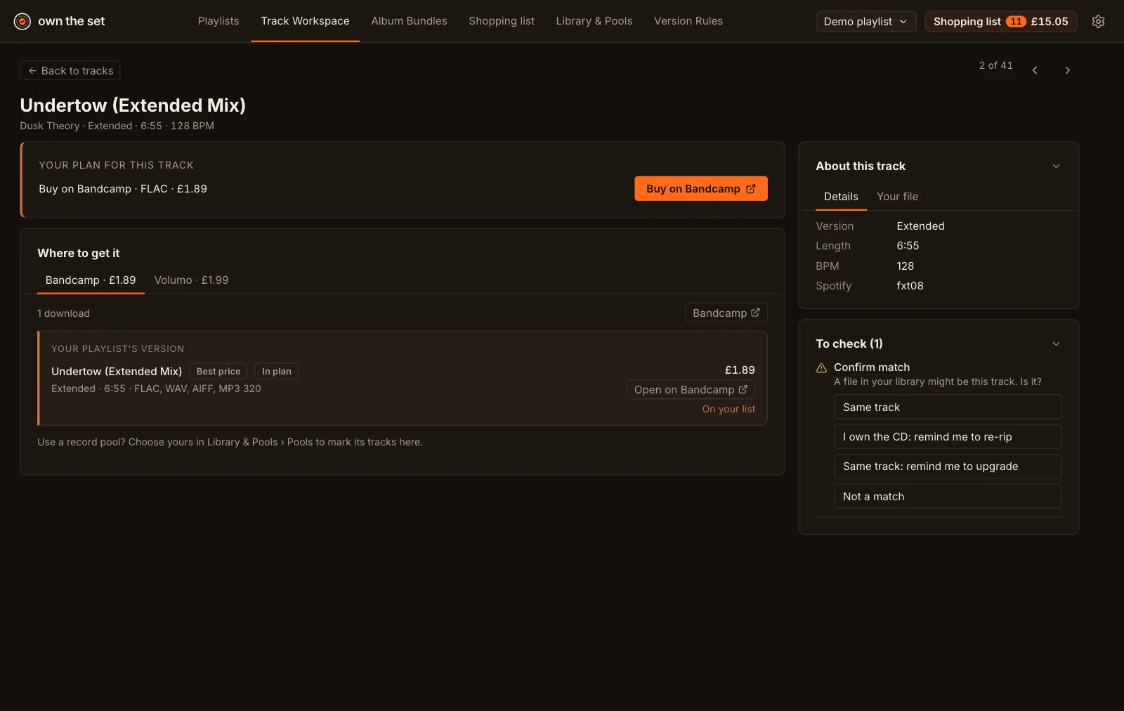 A track page: the plan says buy on Bandcamp in FLAC for £1.89, with tabs for each store's versions and a panel of things to check.